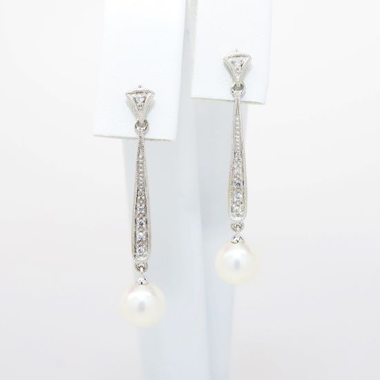 Picture of 14k White Gold & Pearl Drop Earrings with Diamond Accents