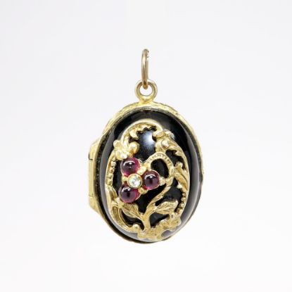 Picture of Vintage Gilt Sterling Silver & Black Enamel Egg Locket with Garnet & Diamond Accents & Cherub Inside