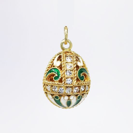 Picture of Russian Gilt Sterling Silver, Green & White Cloisonné Enamel & CZ Egg Charm/Pendant