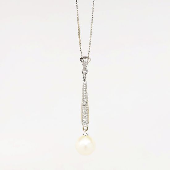 Picture of 14k White Gold & Pearl Drop Necklace with Diamond Accents