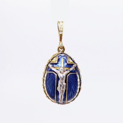 Picture of Gilt Sterling Silver & Blue Guilloche Enamel Egg Pendant with Cross & CZ Accents