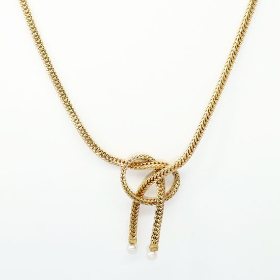 Picture of 14k Yellow Gold Box Chain Bow Necklace with Pearl Tips