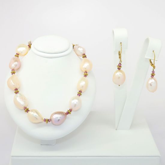 Picture of 18k Yellow Gold, Pearl & Amethyst Bead Necklace & Earring Set by Descenza