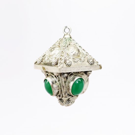 Picture of Vintage Italian .800 Silver & Green Glass Cabochon Etruscan Revival Hinged Charm