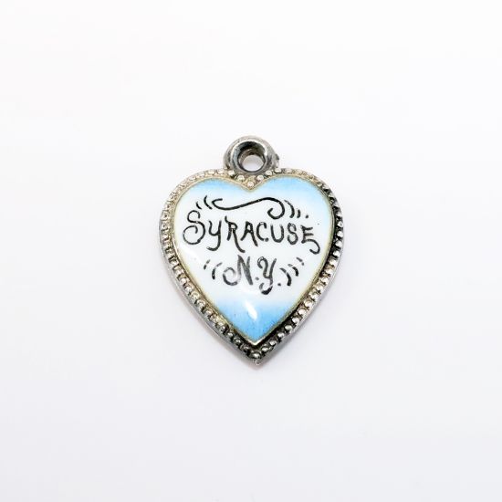 Picture of Antique Sterling Silver & Hand Painted Enamel 'Syracuse, NY' Souvenir Puffy Heart Charm