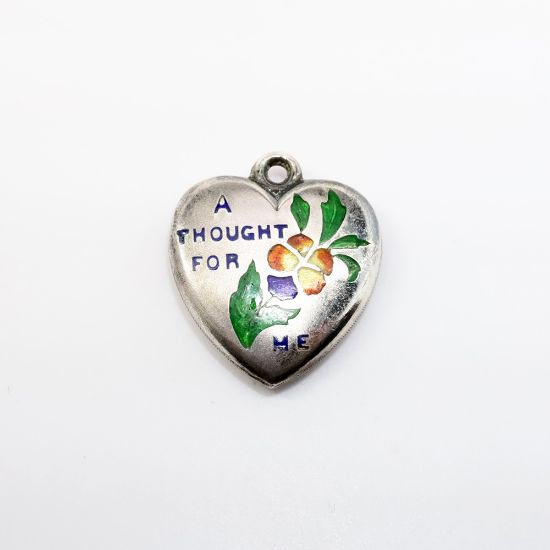 Picture of Antique Sterling Silver & Enamel Puffy Heart Charm with Pansy and 'A Thought for Me'