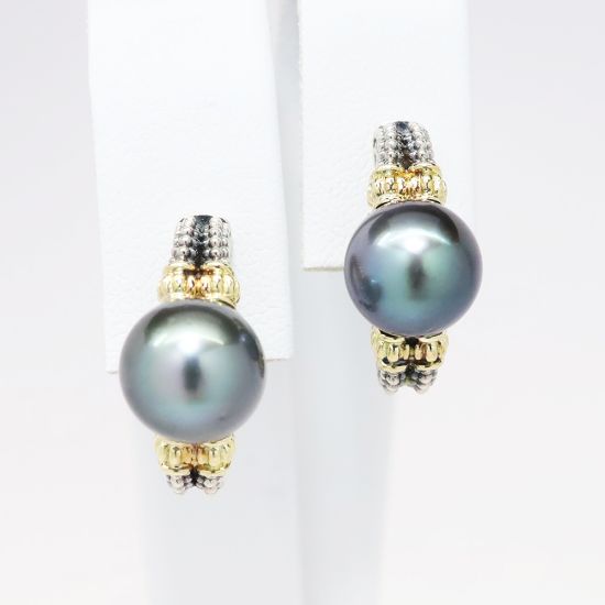 Picture of LAGOS 18k Yellow Gold, Sterling Silver & Black Pearl Lever Back Earrings