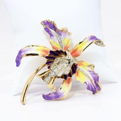 Picture of Vintage 1940's Corocraft Gilt Sterling Silver, Enamel & Rhinestone Orchid Brooch