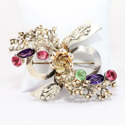 Picture of Vintage 1940's Hobé Vermeil & Sterling Silver Bow & Flowers Brooch with Czech Glass