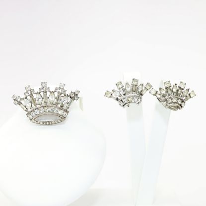 Picture of Vintage Signed 1940's Alfred Philippe Trifari Sterling Silver & Clear Rhinestone Crown Brooch & Earring Set