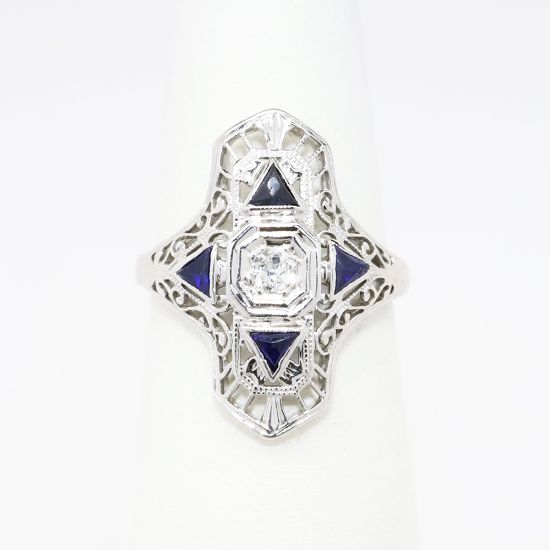 Picture of Art Deco Era 18k White Gold Filigree, Diamond & Synthetic Sapphire Ring