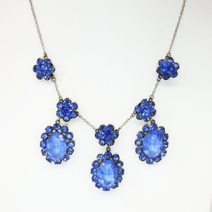 Picture of Antique Blue Faceted Czech Glass & Rhinestone Drop Necklace with Flower Stations