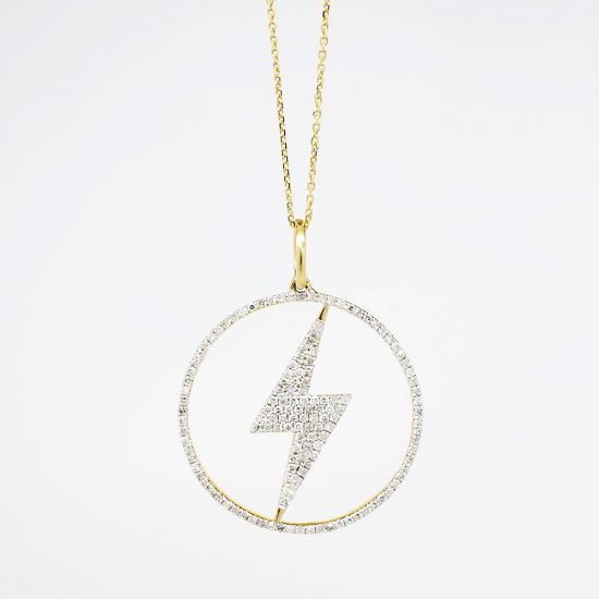 Picture of 14k Yellow Gold & Pavé Set Diamond Lightning Bolt Pendant Necklace