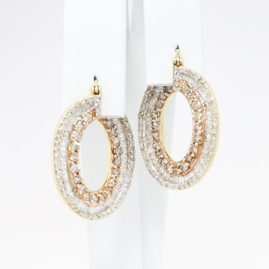 Picture of 10k Tri-Colored Gold with Round & Baguette Cut Diamond Front to Back Hoop Earrings