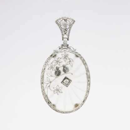 Picture of Antique Art Deco Era 14k White Gold Filigree, Diamond & Camphor Glass Pendant with Birds