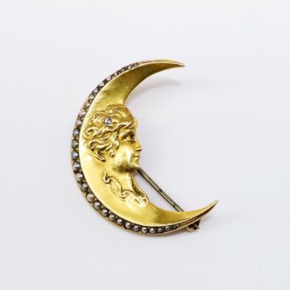 Picture of Antique Art Nouveau 14k Yellow Gold, Seed Pearl & Diamond Crescent Moon Brooch with Woman's Face