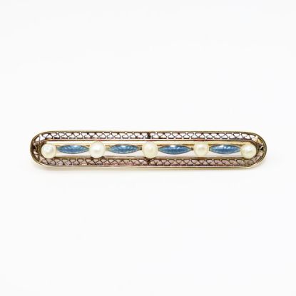 Picture of Antique 14k Gold Filigree, Seed Pearl & Blue Guilloche Enameled Bar Brooch