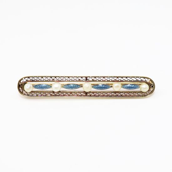 Picture of Antique 14k Gold Filigree, Seed Pearl & Blue Guilloche Enameled Bar Brooch