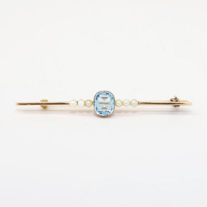 Picture of Antique 14k Yellow Gold, Seed Pearl and Aquamarine Bar Brooch