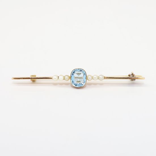 Picture of Antique 14k Yellow Gold, Seed Pearl and Aquamarine Bar Brooch