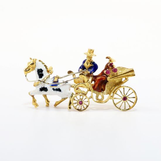 Picture of Vintage Italian 18k Gold, Enamel & Ruby Horse Drawn Carriage Brooch