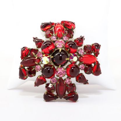 Picture of Vintage Signed Weiss Red & Pink Rhinestone & Glass Cabochon Maltese Cross Brooch