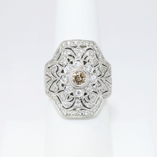 Picture of Vintage Inspired 14k White Gold & Champagne Diamond Ring with Colorless Diamond Accents