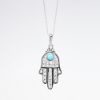 Picture of 14k White Gold Filigree Hamsa Pendant Necklace with Turquoise Cabochon Accent