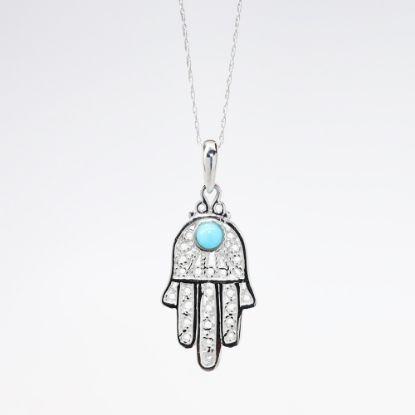 Picture of 14k White Gold Filigree Hamsa Pendant Necklace with Turquoise Cabochon Accent