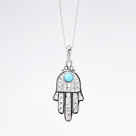 Picture of 14k White Gold Filigree Hamsa Pendant Necklace with Turquoise Cabochon Accent