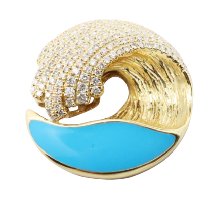 Picture of 14k Yellow Gold, Pavé Set Diamond and Turquoise Wave Pendant