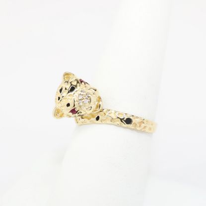 Picture of 14k Yellow Gold, Diamond & Ruby Leopard Ring with Black Enamel Accents