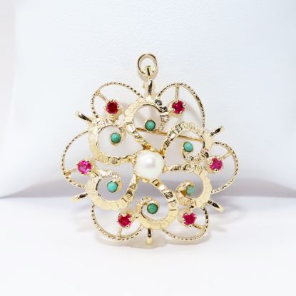 Picture of 14k Yellow Gold, Cultured Pearl, Turquoise & Synthetic Ruby Flower Pendant/Brooch