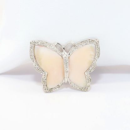 Picture of 14k White Gold, Carved Shell & Diamond Butterfly Brooch
