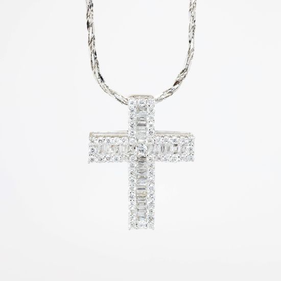 Picture of White Gold & Baguette Cut Diamond Cross Necklace