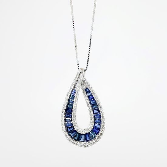 Picture of 14k White Gold, Blue Sapphire and Diamond Pendant Necklace