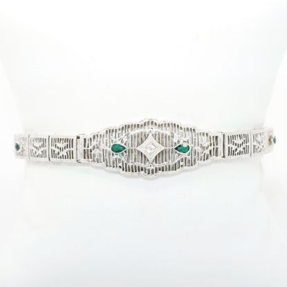 Picture of Antique Art Deco White Gold Filigree, Diamond & Emerald Bracelet