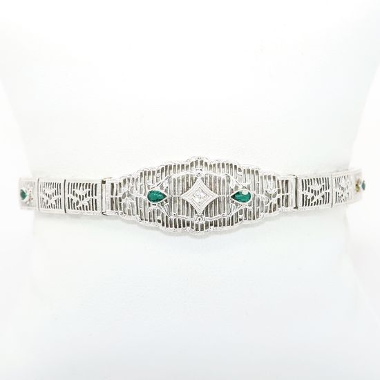 Picture of Antique Art Deco White Gold Filigree, Diamond & Emerald Bracelet