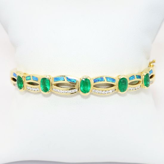 Picture of 14k Yellow Gold, Emerald, Opal and Diamond Bangle Bracelet 