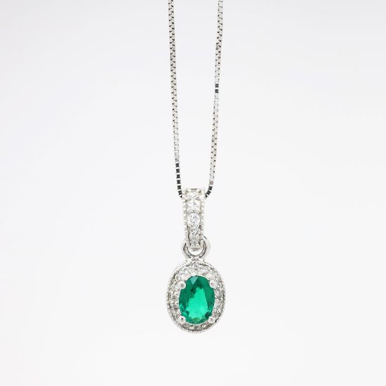 Picture of 14k White Gold, Diamond and Synthetic Oval Cut Emerald Necklace