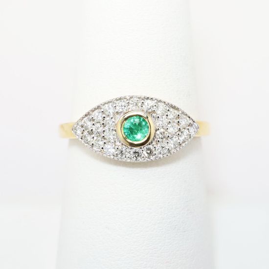 Picture of 14k Yellow Gold, Diamond & Emerald Evil Eye Ring