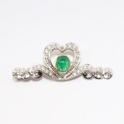 Picture of Vintage 14k White Gold, Emerald & Diamond Heart & Ribbon Motif Bar Brooch