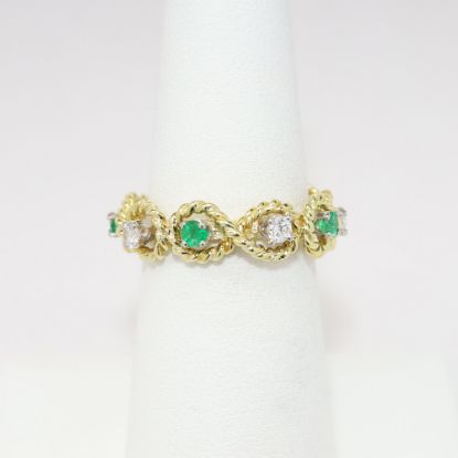 Picture of 18k Yellow Gold Woven Rope Ring with Emerald and Diamond Accents