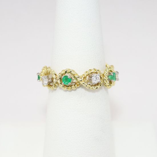 Picture of 18k Yellow Gold Woven Rope Ring with Emerald and Diamond Accents