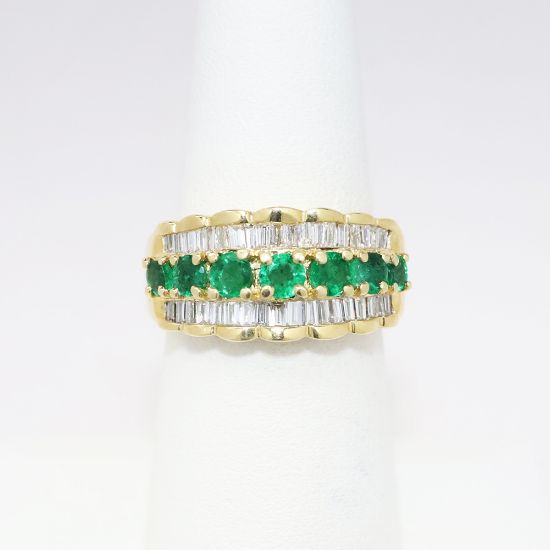 Picture of 14k Yellow Gold & Multi Emerald Ring with Baguette Cut Diamond Accents