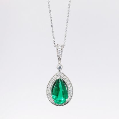 Picture of 14k White Gold & Pear Cut Emerald Necklace with Diamond Accents