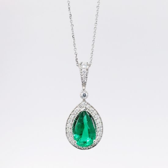 Picture of 14k White Gold & Pear Cut Emerald Necklace with Diamond Accents