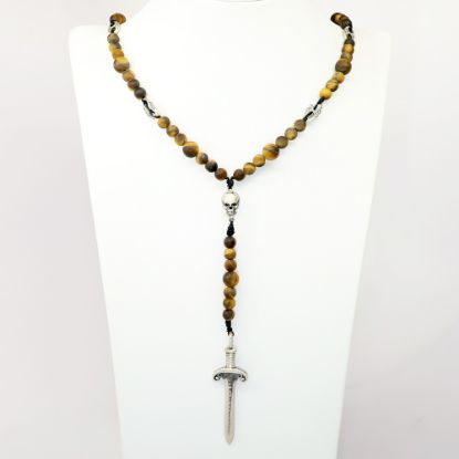 Picture of AXION Men's Tiger's Eye Beaded Necklace with Sterling Silver Sword Pendant & Skull Accent 