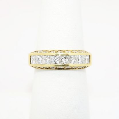 Picture of 18k Yellow Gold & Square Cut Diamond Wedding Band with Side Set Round Diamond Accents