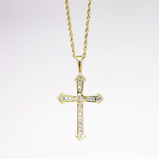 Picture of 14k Yellow Gold & Diamond Cross Pendant with Rope Chain